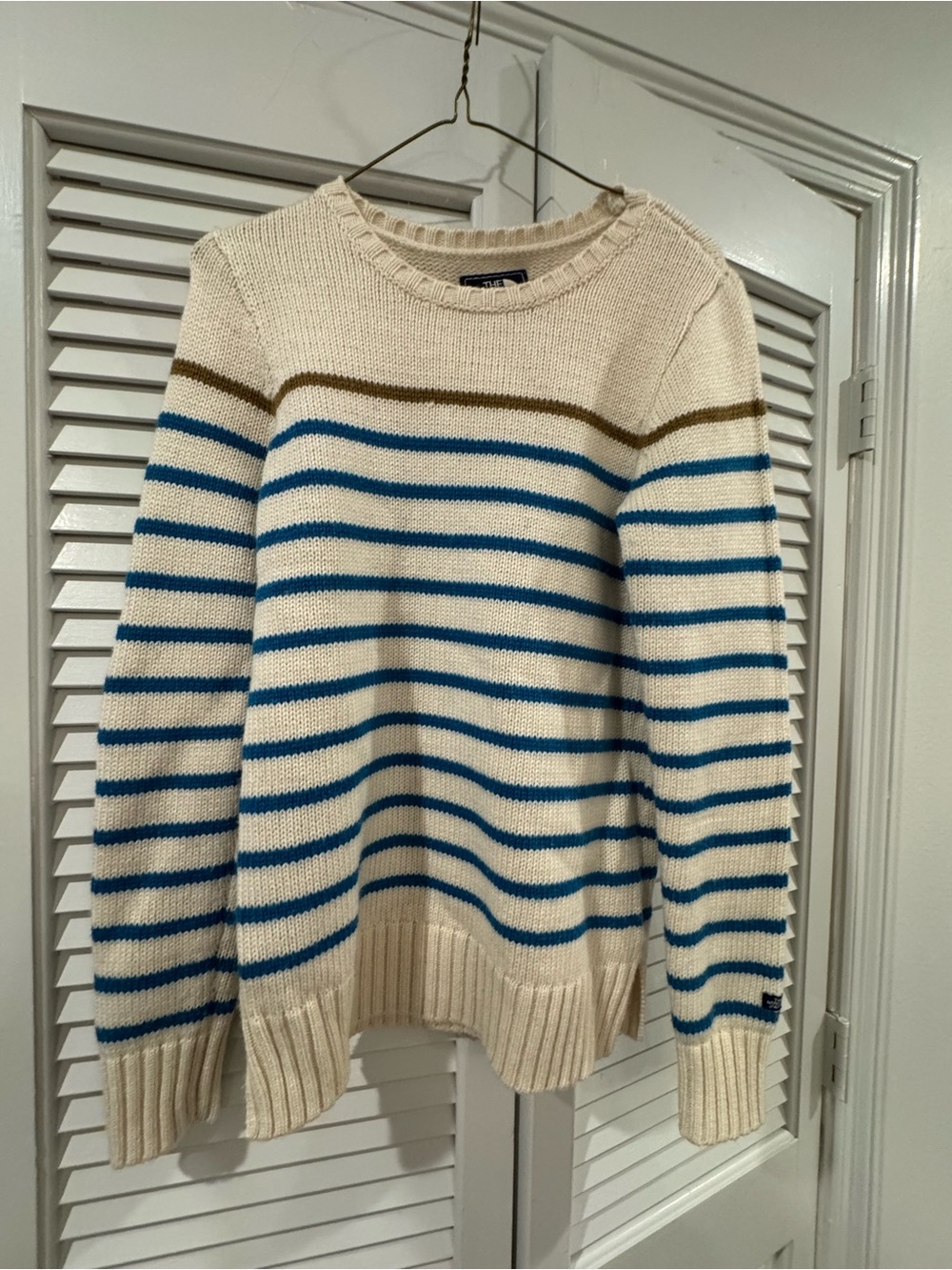 The North Face Cream & Blue Striped Sweater with Navy Logo Patch